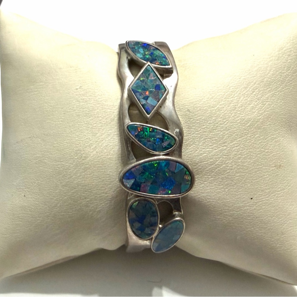 Sterling Silver Mosaic Blue Opal Cuff Bracelet - Picture 1 of 3